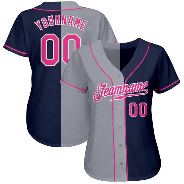 Custom Navy Pink-Gray Authentic Split Fashion Baseball Jersey