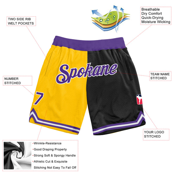 Custom Gold Purple-Black Authentic Throwback Split Fashion Basketball Shorts