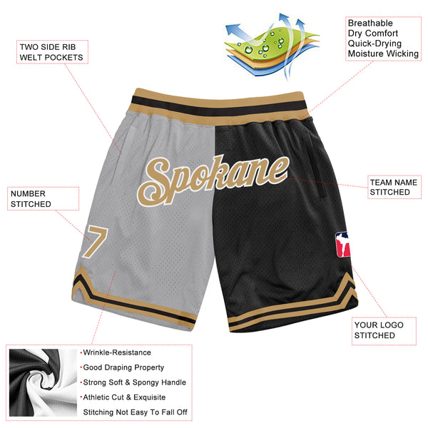 Custom Gray Old Gold-Black Authentic Throwback Split Fashion Basketball Shorts