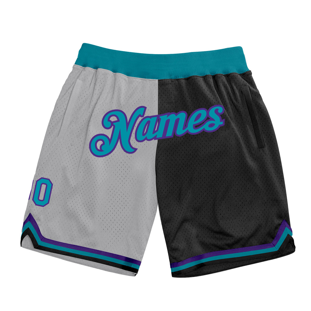 Custom Gray Teal-Black Authentic Throwback Split Fashion Basketball Shorts