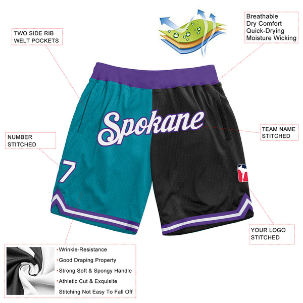 Custom Teal White-Black Authentic Throwback Split Fashion Basketball Shorts