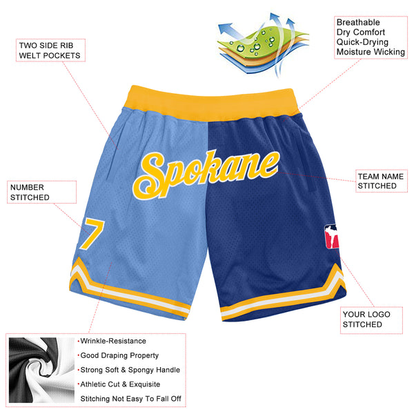 Custom Light Blue Gold-Royal Authentic Throwback Split Fashion Basketball Shorts