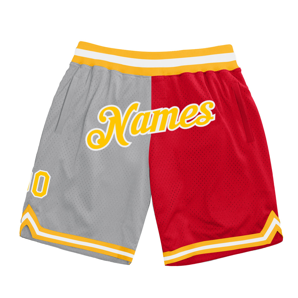 Custom Gray Gold-Red Authentic Throwback Split Fashion Basketball Shorts