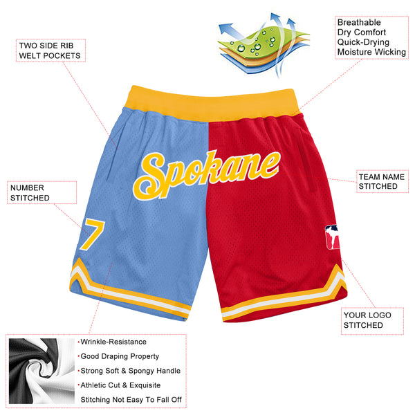 Custom Light Blue Gold-Red Authentic Throwback Split Fashion Basketball Shorts