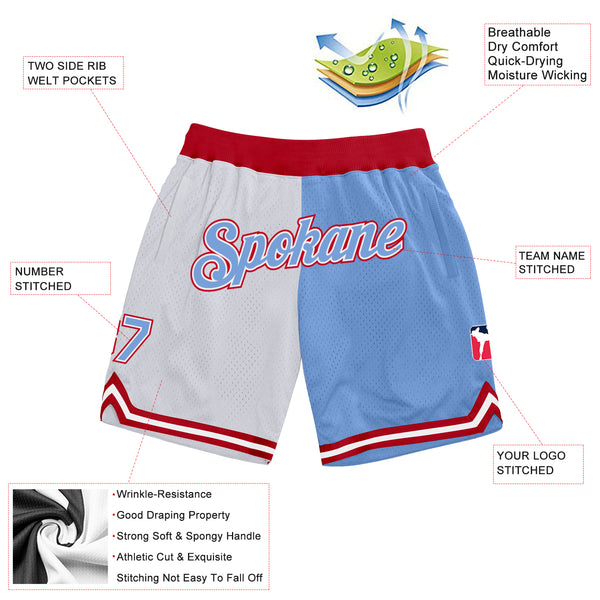 Custom White Light Blue-Red Authentic Throwback Split Fashion Basketball Shorts