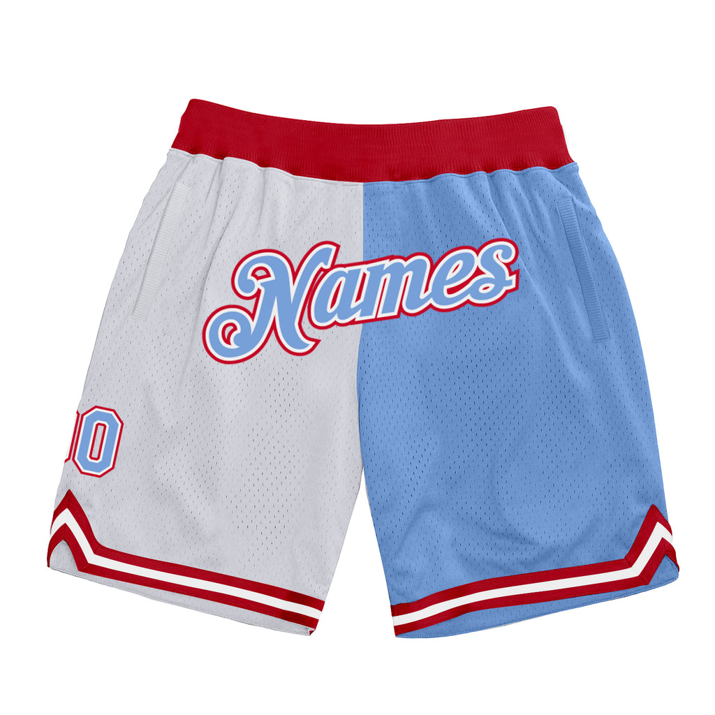 Custom White Light Blue-Red Authentic Throwback Split Fashion Basketball Shorts