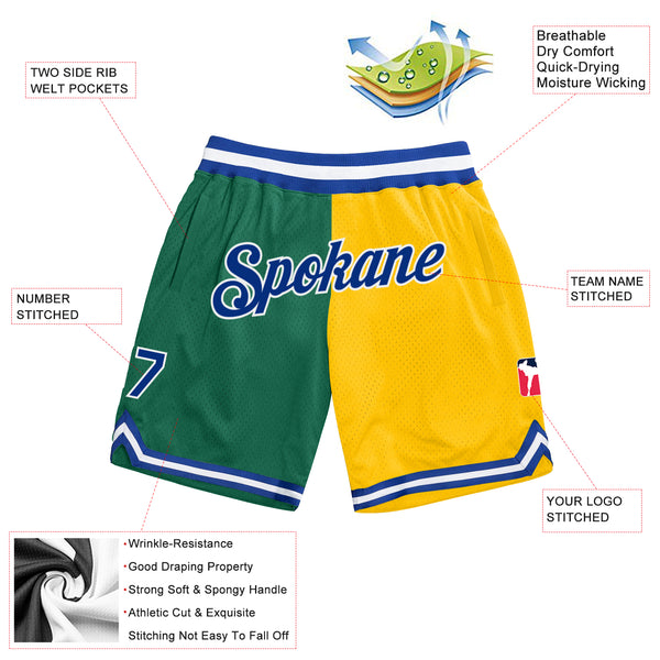 Custom Kelly Green Royal-Gold Authentic Throwback Split Fashion Basketball Shorts