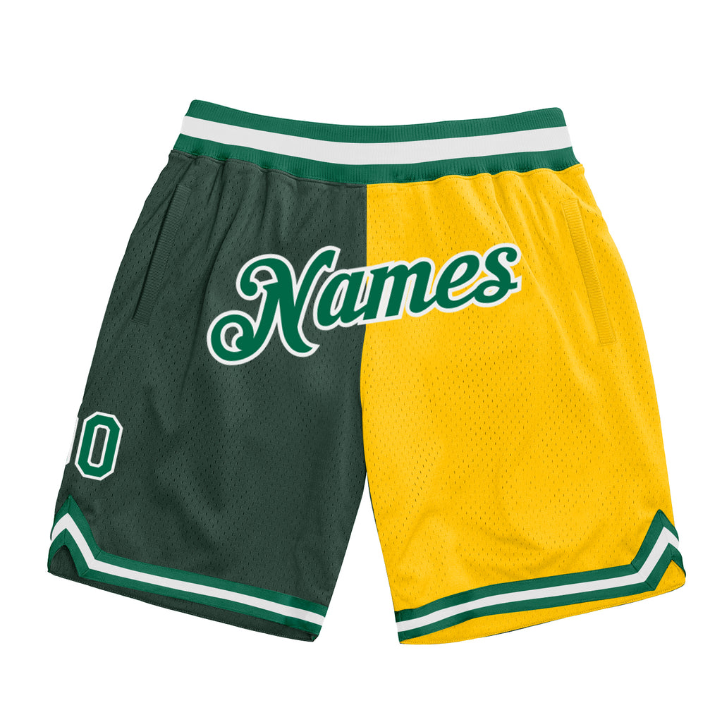 Custom Hunter Green Kelly Green-Gold Authentic Throwback Split Fashion Basketball Shorts