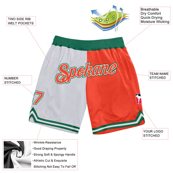 Custom White Orange-Kelly Green Authentic Throwback Split Fashion Basketball Shorts