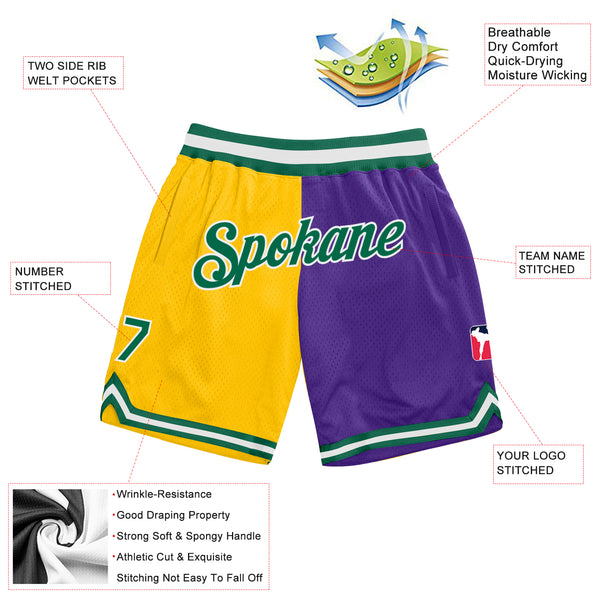 Custom Gold Kelly Green-Purple Authentic Throwback Split Fashion Basketball Shorts