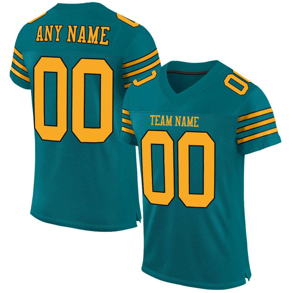 Custom Teal Gold Black Mesh Authentic Football Jersey Fiitg