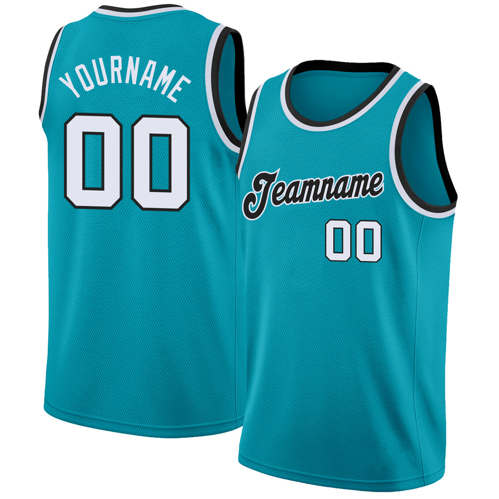 Custom Teal White-Black Round Neck Rib-Knit Basketball Jersey