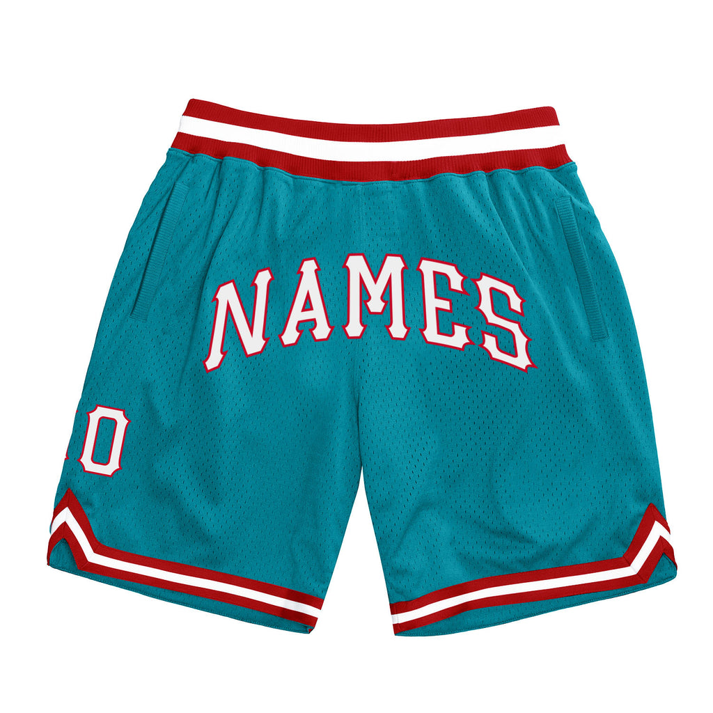 Custom Teal White-Red Authentic Throwback Basketball Shorts