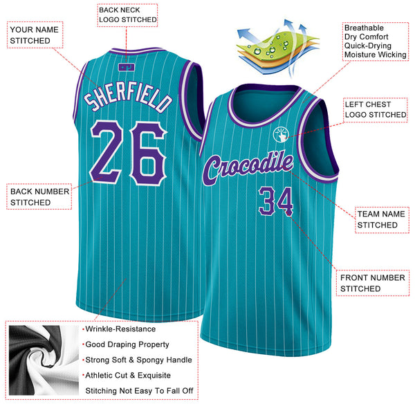 Custom Teal White Pinstripe Purple-White Authentic Basketball Jersey