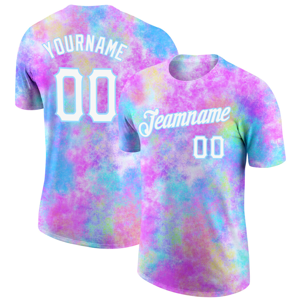 Custom Tie Dye Watercolor Gradient White-Light Blue 3D Performance T-Shirt