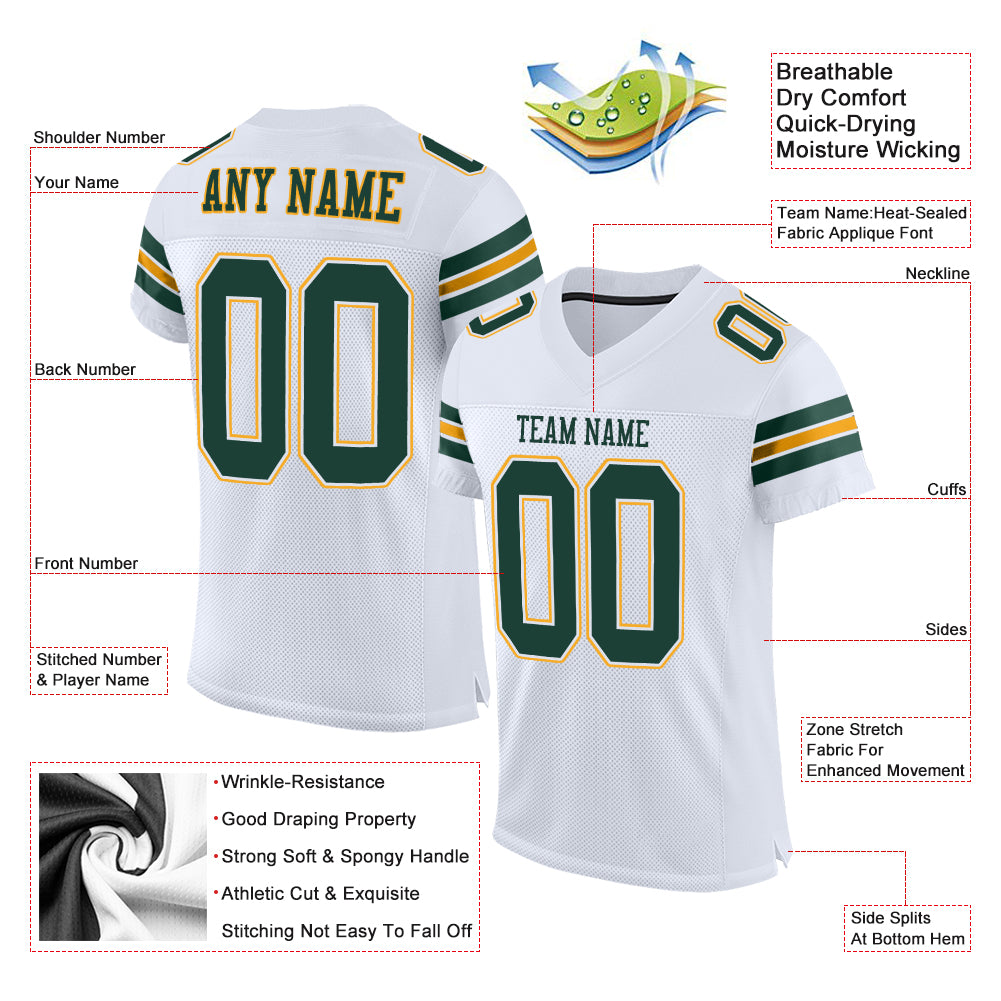 Custom White Green-Gold Mesh Authentic Football Jersey