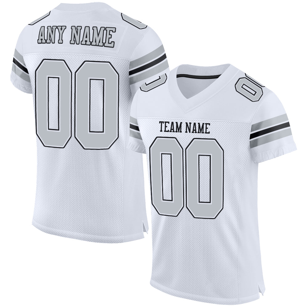 Custom White Silver-Black Mesh Authentic Football Jersey