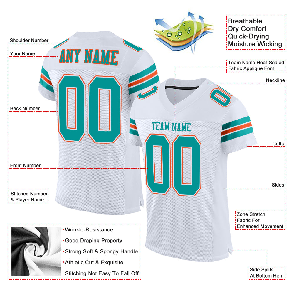 Custom White Aqua-Orange Mesh Authentic Football Jersey