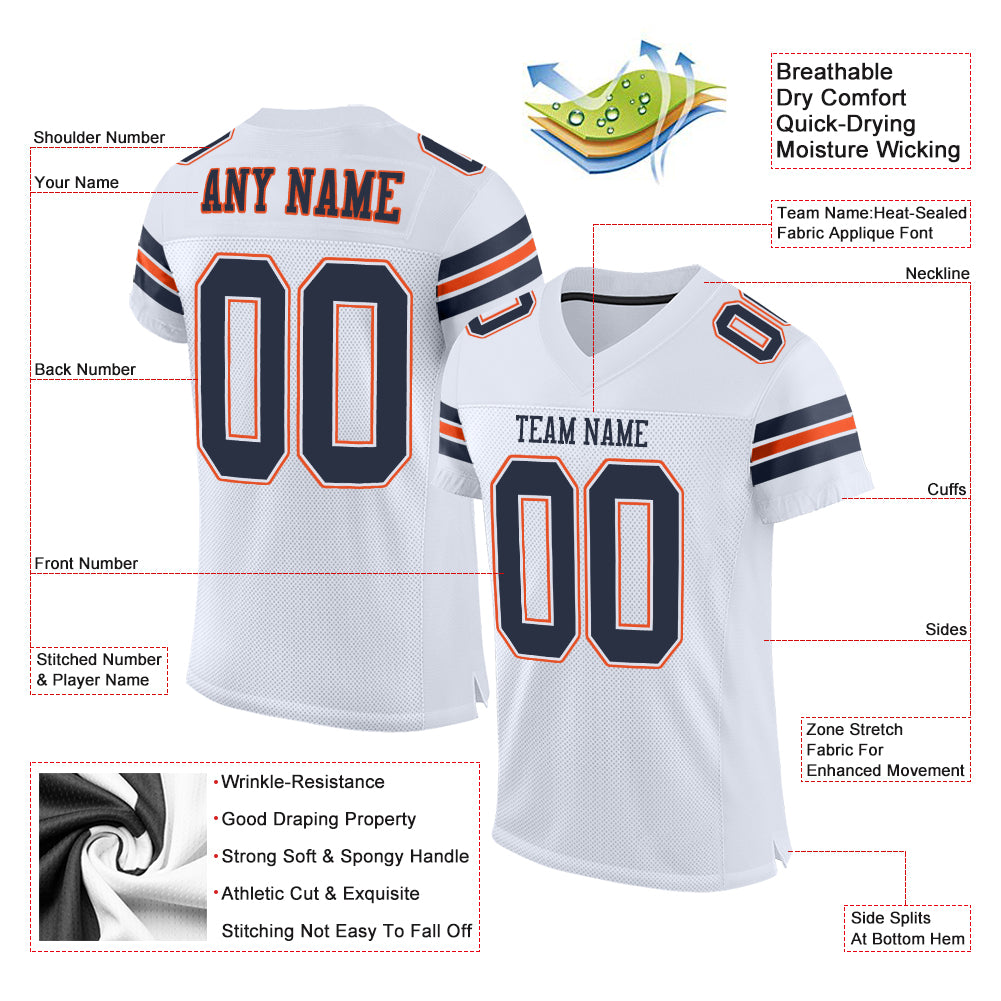 Custom White Navy-Orange Mesh Authentic Football Jersey