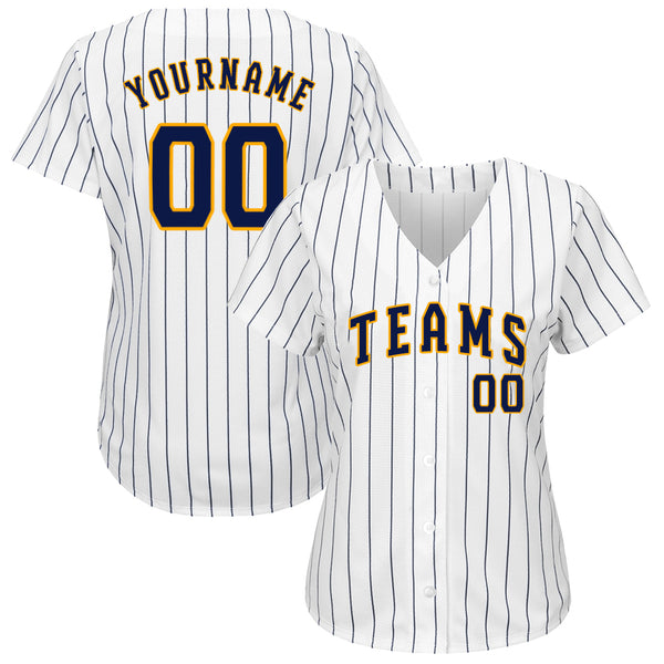 Custom White Navy Pinstripe Navy-Gold Authentic Baseball Jersey