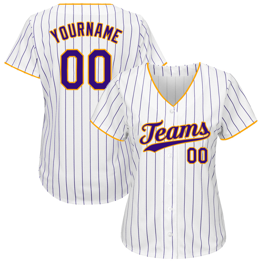 Custom White Purple Pinstripe Purple-Gold Authentic Softball Jersey