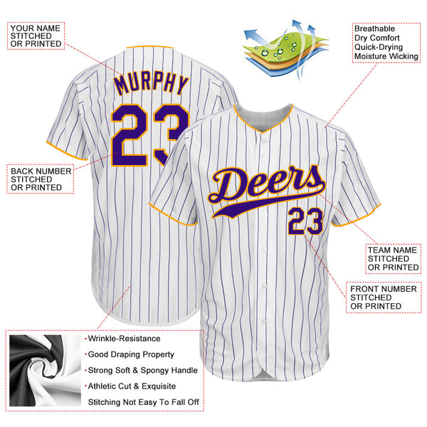 Custom White Purple Pinstripe Purple-Gold Authentic Softball Jersey