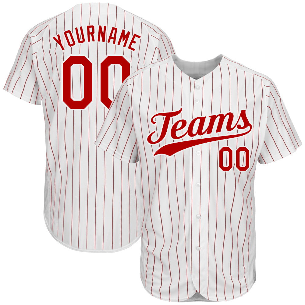 Custom White Red Pinstripe Red-White Authentic Baseball Jersey