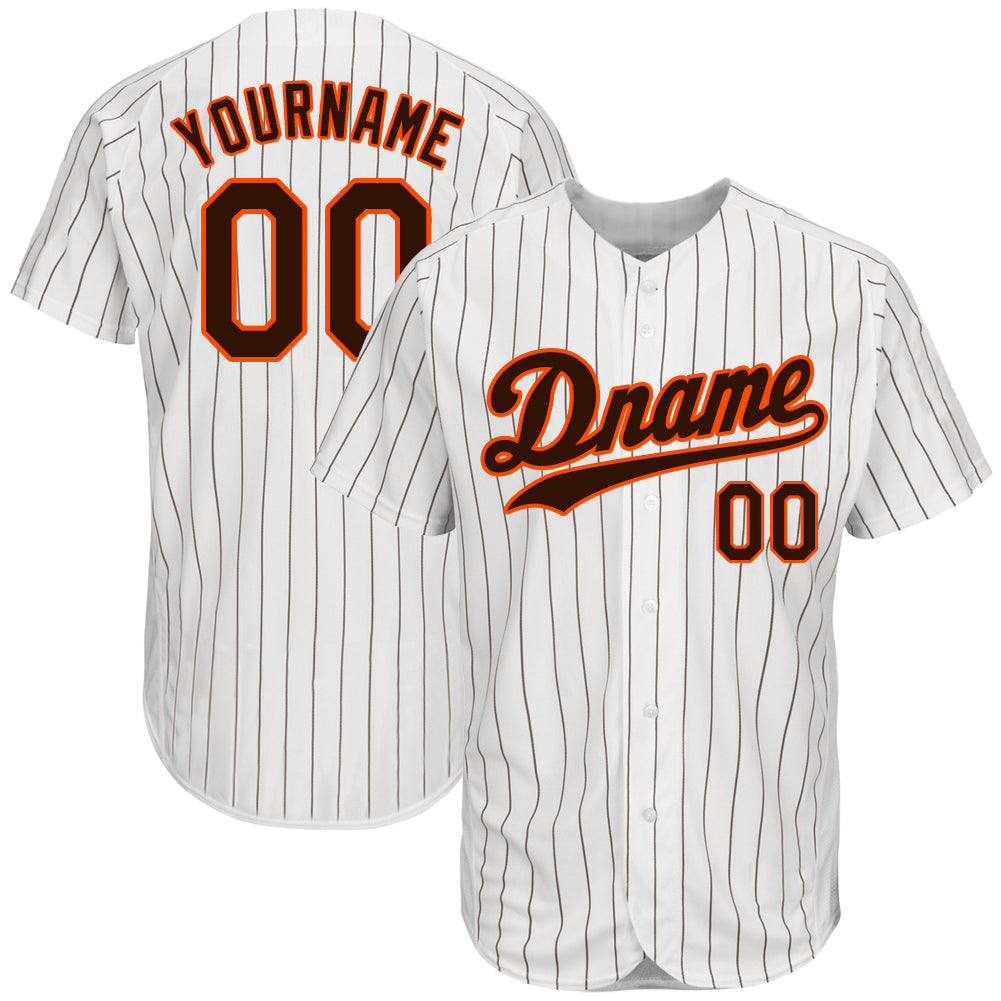 Custom White Brown Pinstripe Brown-Orange Authentic Baseball Jersey