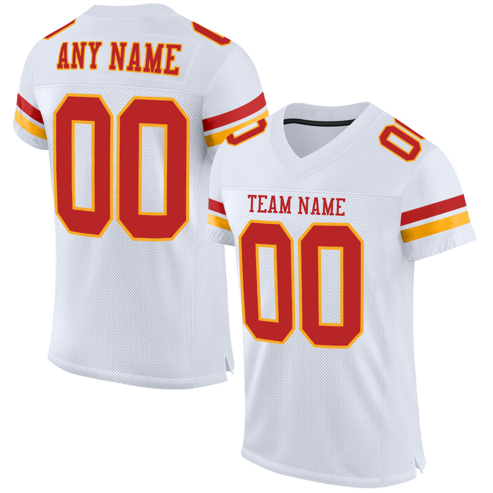 Custom White Scarlet-Gold Mesh Authentic Football Jersey