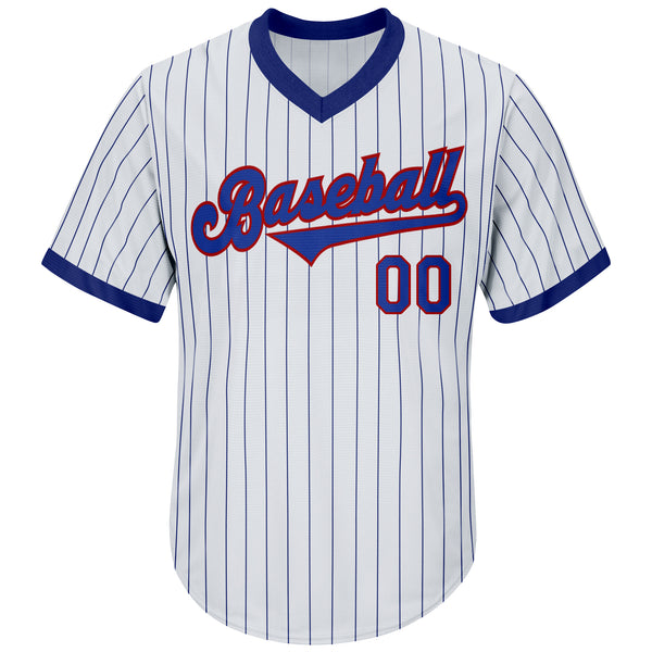 Custom White Royal Pinstripe Royal-Red Authentic Throwback Rib-Knit Baseball Jersey Shirt