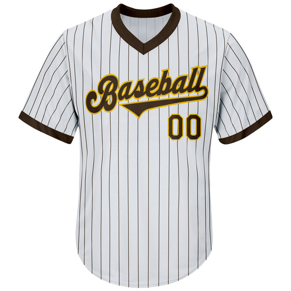 Custom White Brown Pinstripe Brown-Gold Authentic Throwback Rib-Knit Baseball Jersey Shirt