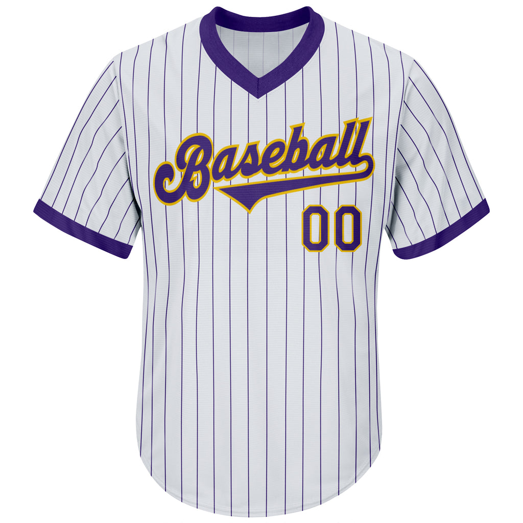 Custom White Purple Pinstripe Purple-Gold Authentic Baseball Jersey Youth Size:L