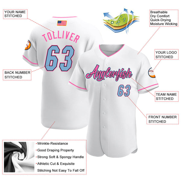 Custom White Light Blue-Pink Authentic American Flag Fashion Softball Jersey