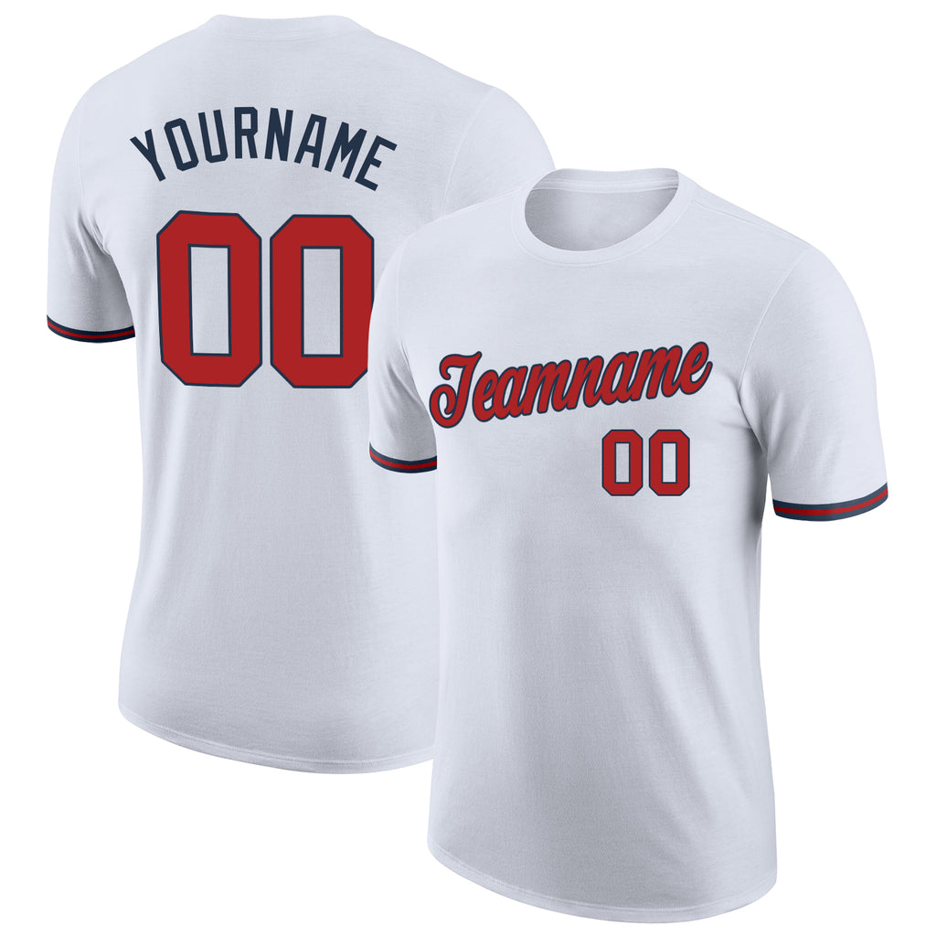 Custom White Red-Navy Performance T-Shirt