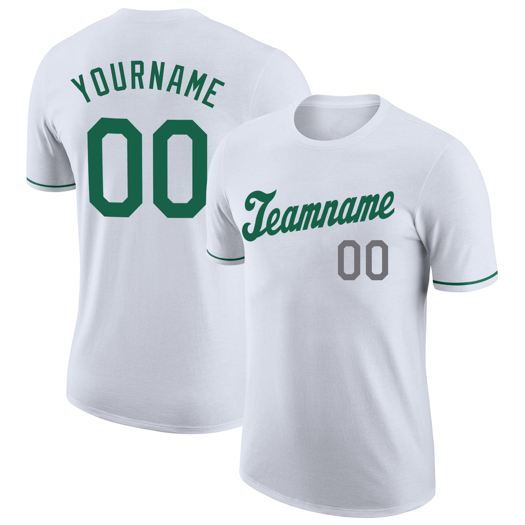 Custom White Kelly Green-Gray Performance T-Shirt