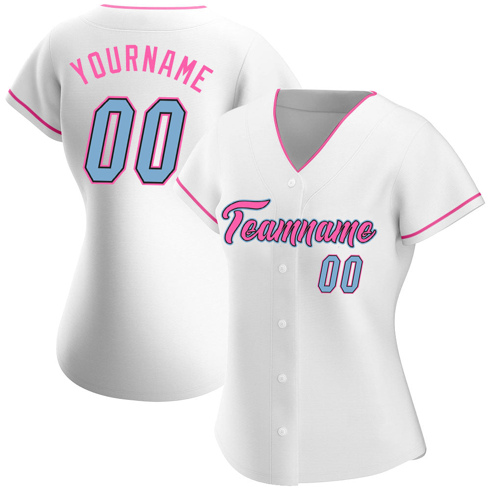 Custom White Light Blue-Pink Authentic Softball Jersey