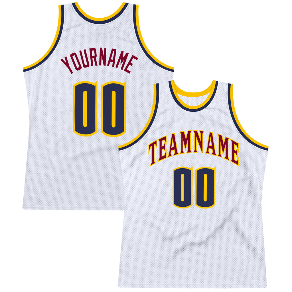 Custom White Navy-Gold Authentic Throwback Basketball Jersey