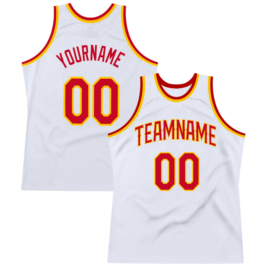 Custom White Red-Gold Authentic Throwback Basketball Jersey