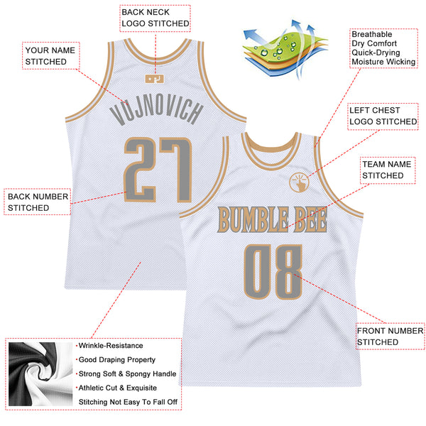 Custom White Steel Gray-Old Gold Authentic Throwback Basketball Jersey