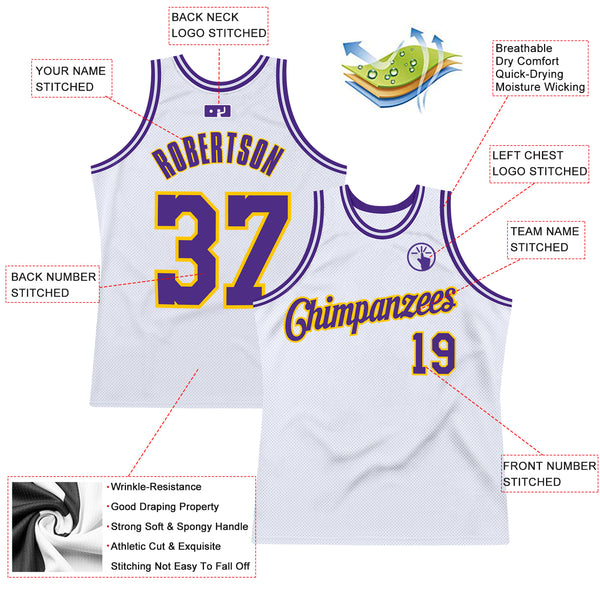 Custom White Purple-Gold Authentic Throwback Basketball Jersey