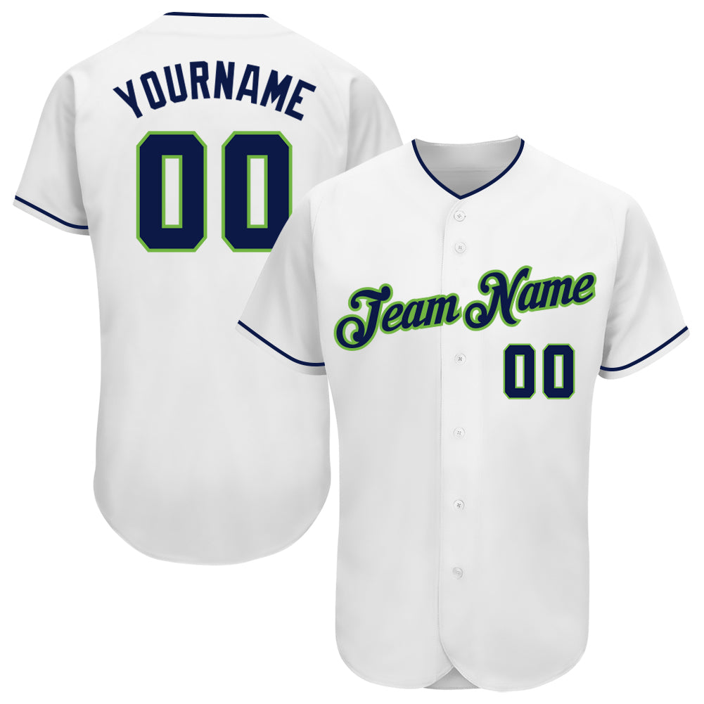 Custom White Navy-Neon Green Authentic Baseball Jersey