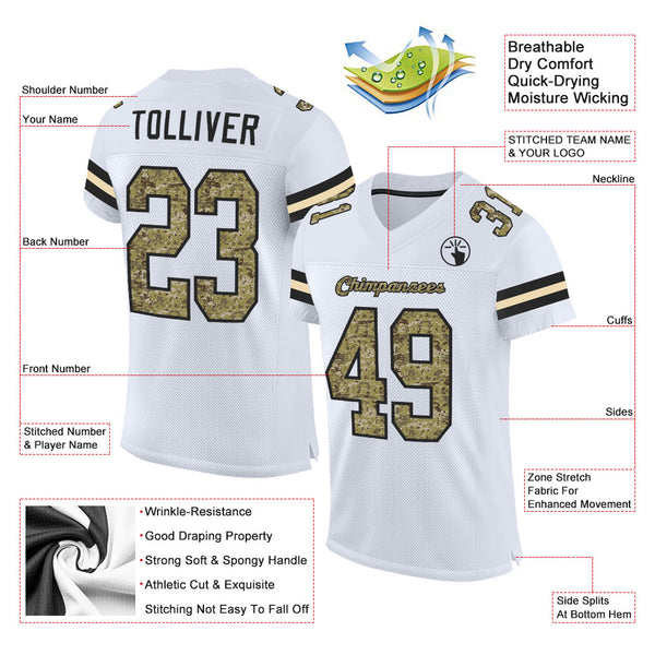 Custom White Camo-Black Mesh Authentic Football Jersey