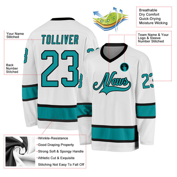 Custom White Aqua-Black Hockey Jersey