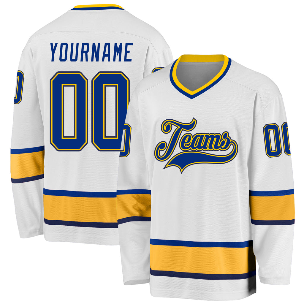 Custom White Royal-Gold Hockey Jersey