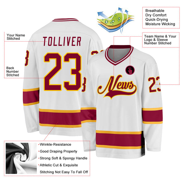 Custom White Maroon-Gold Hockey Jersey