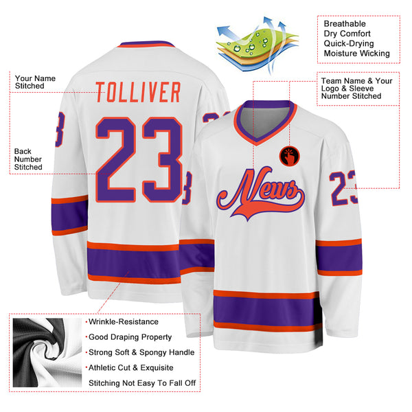 Custom White Purple-Orange Hockey Jersey