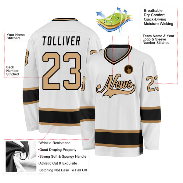 Custom White Old Gold-Black Hockey Jersey