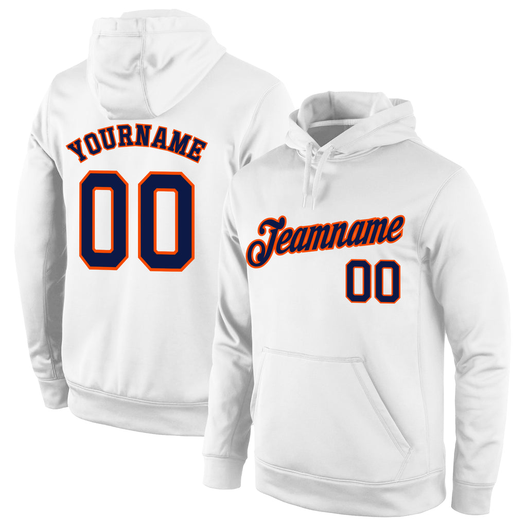 Custom Stitched White Navy-Orange Sports Pullover Sweatshirt Hoodie