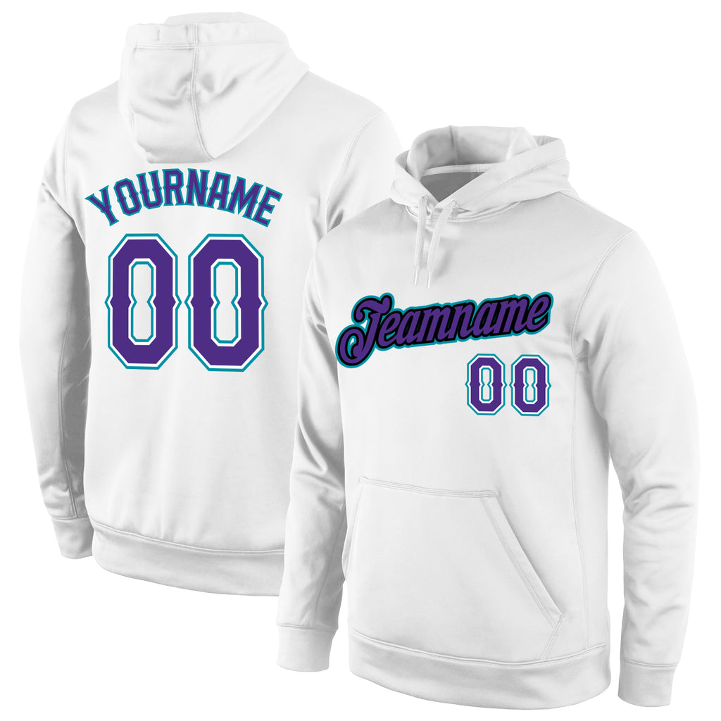 Custom Stitched White Purple-Teal Sports Pullover Sweatshirt Hoodie