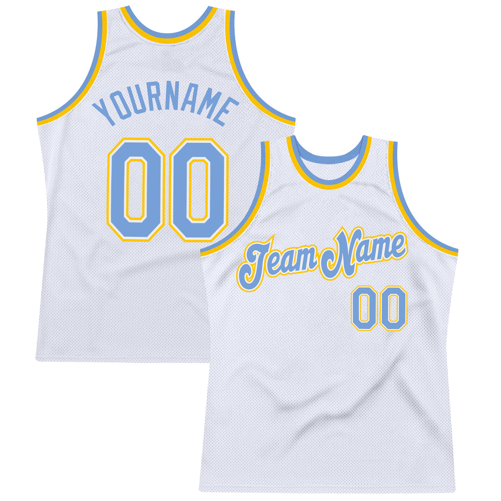 Custom White Light Blue-Gold Authentic Throwback Basketball Jersey